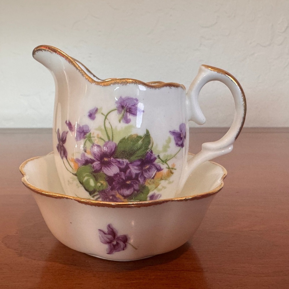 Jason Bone China Creamer Sugar Bowl Set Purple Violets Gold Trim J557 England